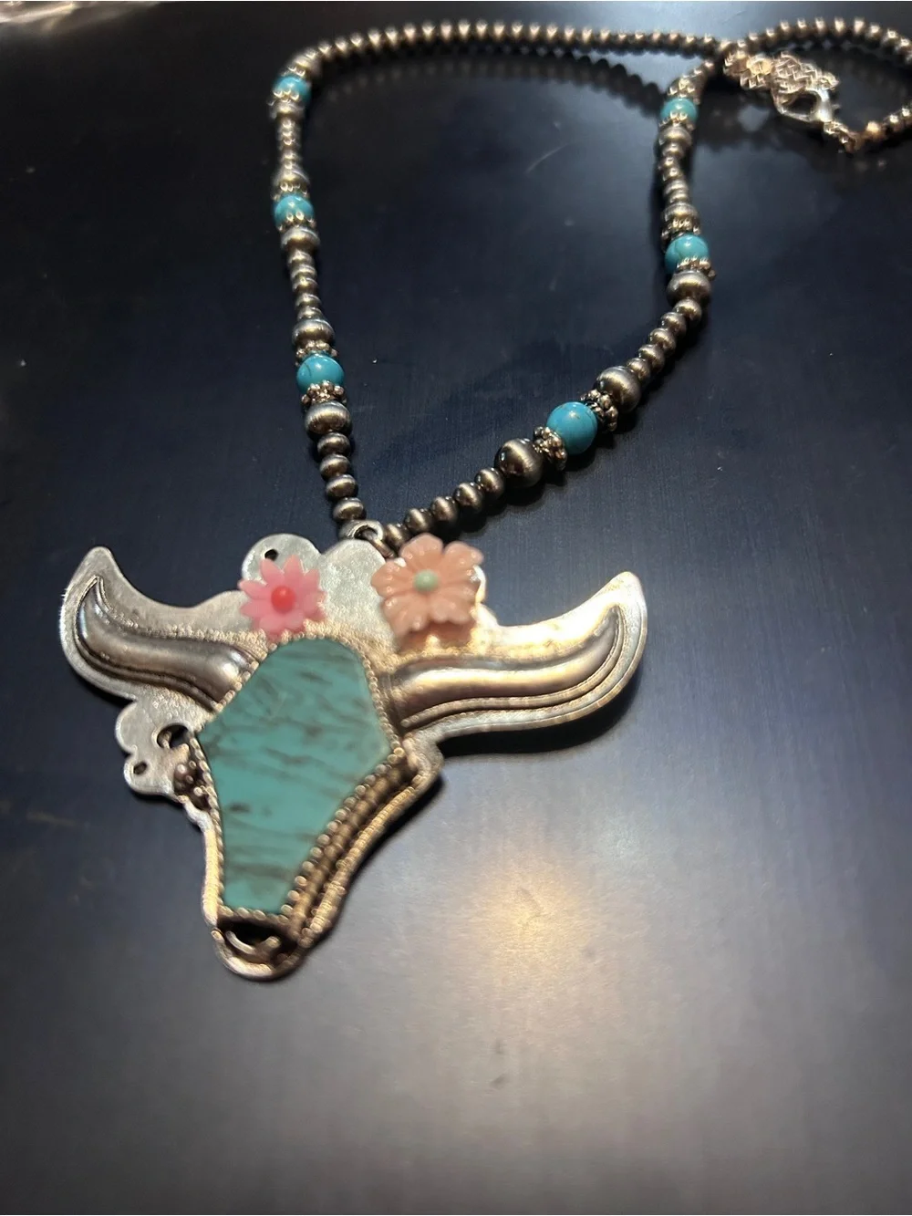 Turquoise Floral Bullhead Pendant Necklace - Women Jewelry